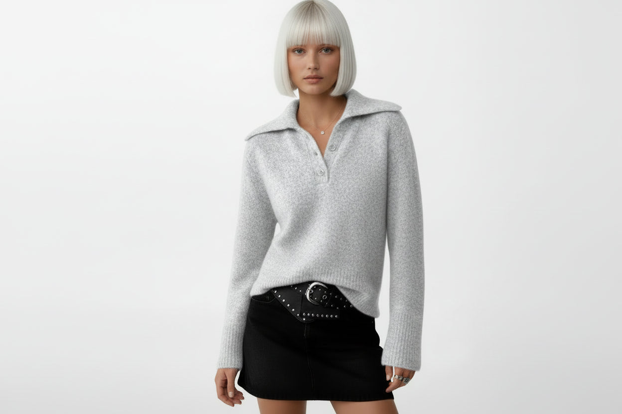 Grau Pullover mit Polokragen-Langarm