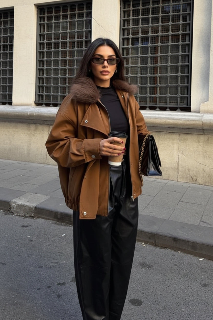 OVERSIZE JACKE MIT ABNEHMBAREM KUNSTFELLKRAGEN