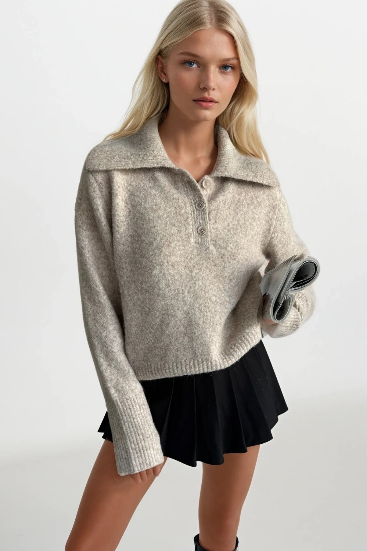 Beige Pullover mit Polokragen-Langarm