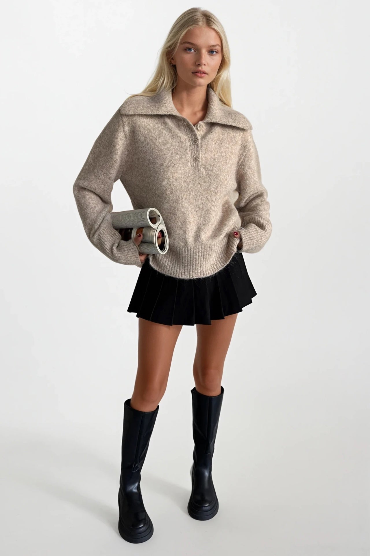 Beige Pullover mit Polokragen-Langarm
