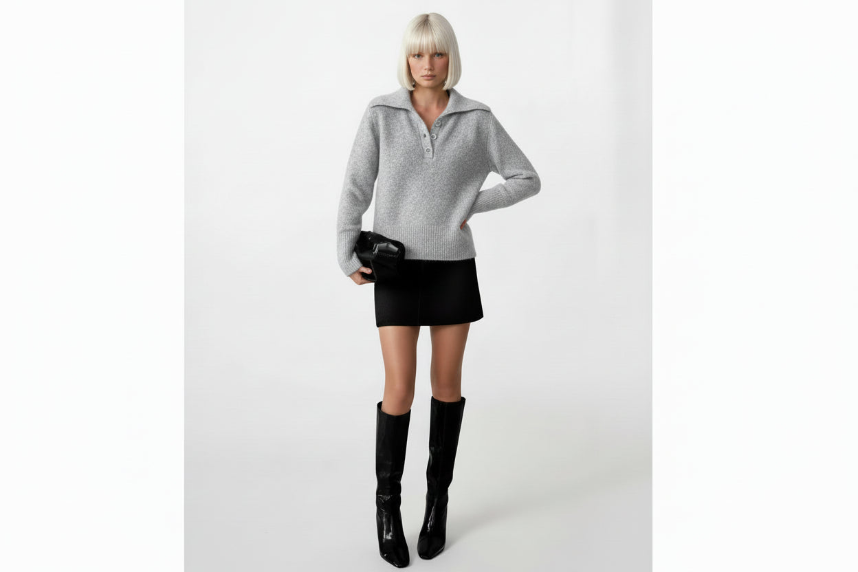 Grau Pullover mit Polokragen-Langarm